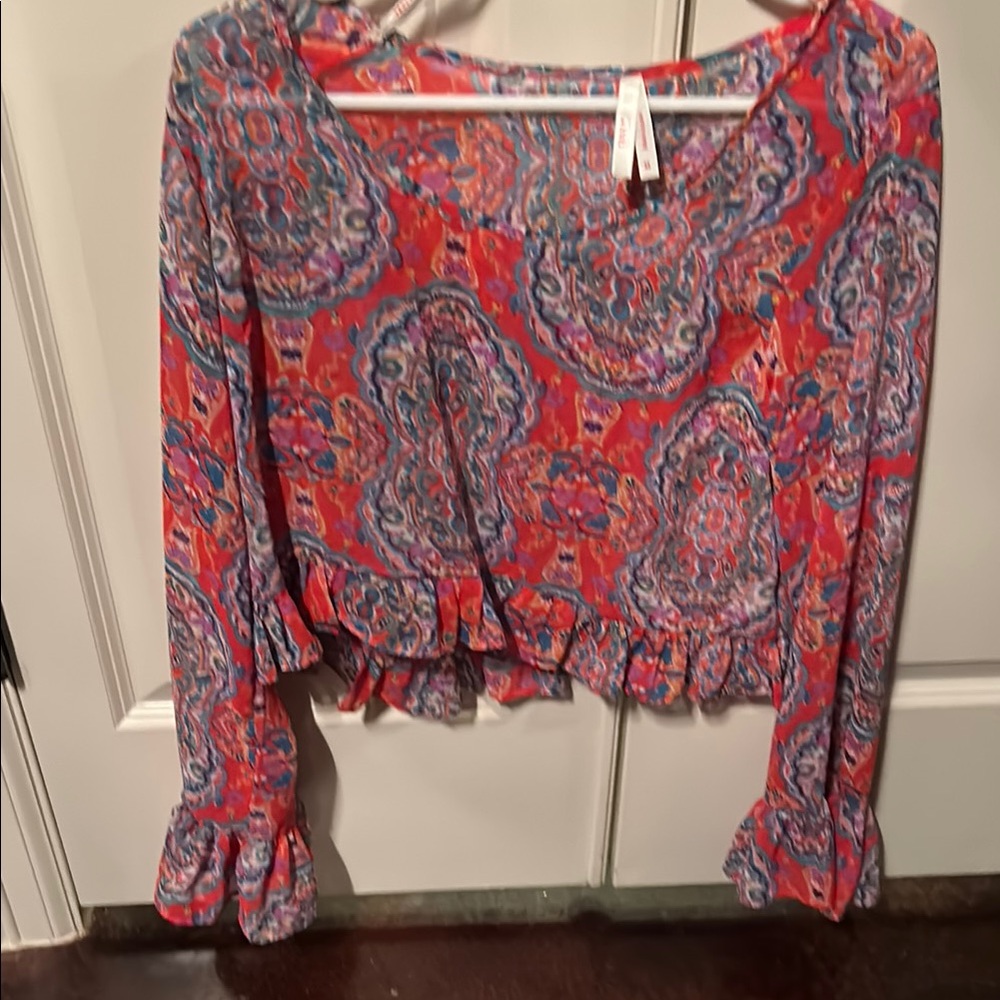 Colorful Ruffled Bell Sleeve Crop Blouse